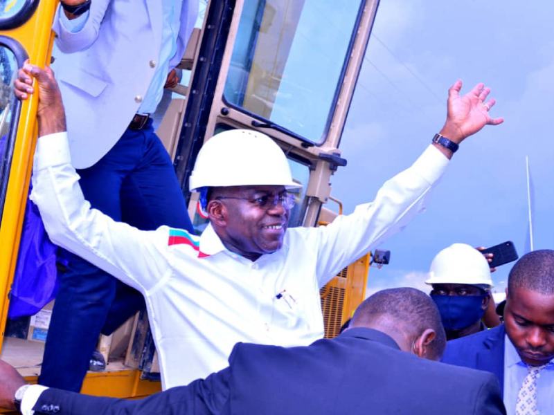 *  Abia State Governor, Alex Otti, alighting from an excavator after the flag-off.