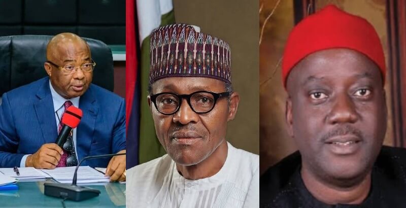 Hope Uzodimma (Left), President Mohammadu Buhari (Middle) and Longers Anyanwu (Right)