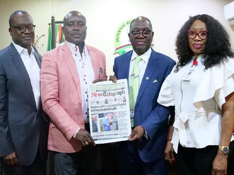  *  L-R: Chief Compliance Officer, LIRS, Tokunbo Akande, Managing Director of the Daily Telegraph Publishing Company Limited, Mr Ayodele Aminu, Executive Chairman, LIRS, Ayodele Subair, and Daily Editor, New Telegraph Juliet Bumah, during a courtesy visit to the LIRS Chairman in Alausa, Ikeja, Lagos, recently.