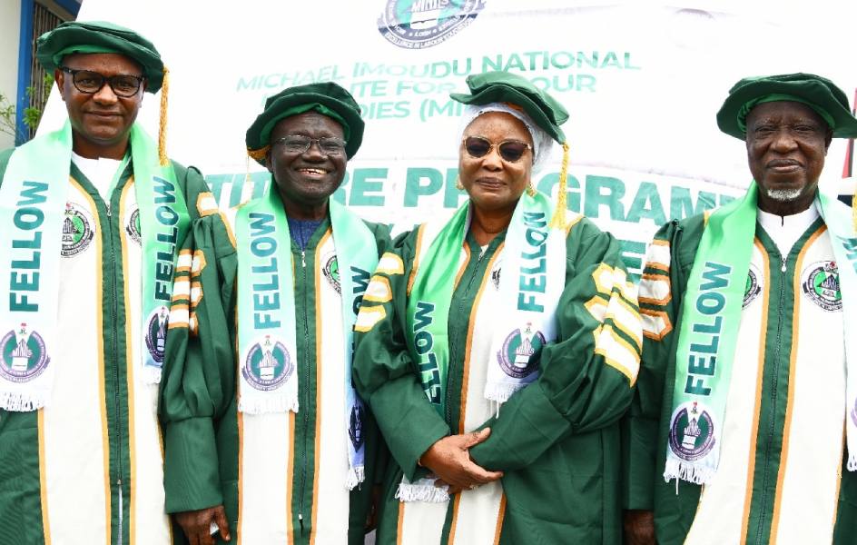 *  L-R: Director, Human Capital and Administration, Nigerian Communications Commission (NCC), Usman Malah; Director-General, Michael Imoudu National Institute for Labour Studies (MINILS), Issa Aremu;  Executive Chairman, Federal Character Commission, Dr. Muheeba Dankaka and Chairman, National Assembly Commission, Ahmed Amshi, during the conferment of Fellowships of the National Institute of Labour on Chief Executives and Heads of human resources of some government agencies at the MINILS’ 40th Anniversary/Founders’ Day and Investitures in Abuja at the weekend, where the Fellowship Certificate for the Executive Vice Chairman/Chief Executive of NCC (Prof. Umar Danbatta) was also received by Malah at the event.