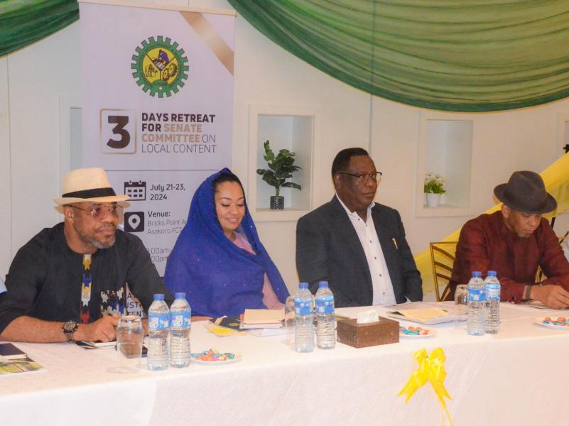 Cross-section of NCDMB management and members of the Senate Committee on Local Content at the 3-day retreat at Abuja, aimed at forging closer collaboration between the two entities and improving implementation of the Nigerian Oil and Gas Industry Content Development (NOGICD) Act. Senator Onyesoh Allwell Heacho; Chairman of the Senate Committee on Local Content, Senator Natasha Akpoti-Uduaghan and Executive Secretary NCDMB, Engr.  Felix Omatsola Ogbe at the 3-day Local Content retreat at Abuja. Director Corporate Services NCDMB, Dr. Amah Ikuru; Acting Director Finance and Personnel Management NCDMB, Mr. Ifeanyi Ukoha and STA to the Executive Secretary NCDMB, Engr. Mofe Megbele at the 3-day Local Content retreat at Abuja.