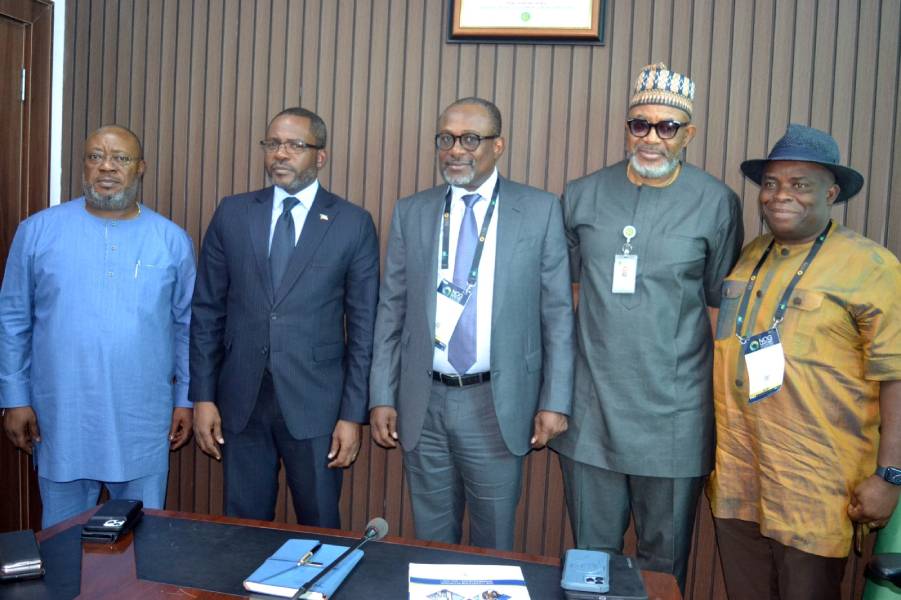  *  L-R: Ambassador of the Republic of Equatorial Guinea to Nigeria, Mr. Francisco Edu Ngua Mangue; Minister of Planning and Economic Diversification of the Republic of Equatorial Guinea, Mr. Gabriel Mbega Obiang Lima; Executive Secretary, Nigerian Content Development and Monitoring Board (NCDMB), Engr. Simbi Kesiye Wabote; Director, Monitoring and Evaluation, NCDMB, Mr. Akintunde Adelana and Director Capacity Building, NCDMB, Dr. Amah Ikuru, after the meeting between the Minister and the Executive Secretary at the Board’s liaison office in Abuja on Wednesday. 