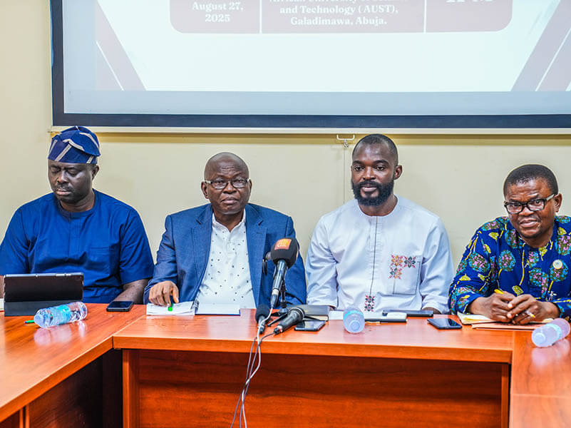 L-R:Member of the Local Organizing Committee, and Director of Information, New Media and Protocol, National Agency for Science and Engineering Infrastructure (NASENI), Mr. Olusegun Ayeoyenikan; President, African University of Science and Technology (AUST), Professor Azikiwe Peter Onwualu; Chairman, Local Organization Committee, Dr. Bosco Okolo-Obi; and Publisher, Africa Science and Technology Magazine, Bonny Alams at a press conference to announce the inaugural National Conference on Science, Technology and Innovation Communication (STICOMMSLOC) in Abuja.    