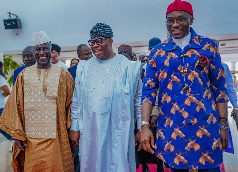Senate President of Nigeria, Senator Godswill AKPABIO (middle); Nigeria's Deputy Speaker, House of Representatives, Rt. Hon. Benjamin Kalu (right) and Speaker of the Cote d'Ivoire Parliament, Rt. Hon. Adama Bictogo (left), during the arrival, on Thursday, in Abdijan, capital of Côte d'Ivoire by Akpabio as leader of Federal Government delegation to the quarter final football match between Nigeria's Super Eagles and the Palancas Negras of Angola.