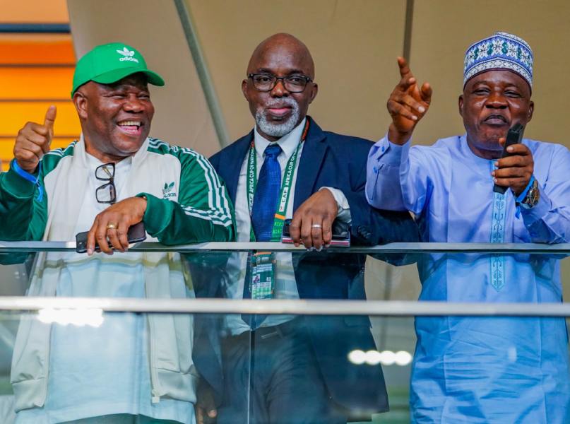 Senate President, Godswill Akpabio (left) hailing the victorious Super Eagles of Nigeria.