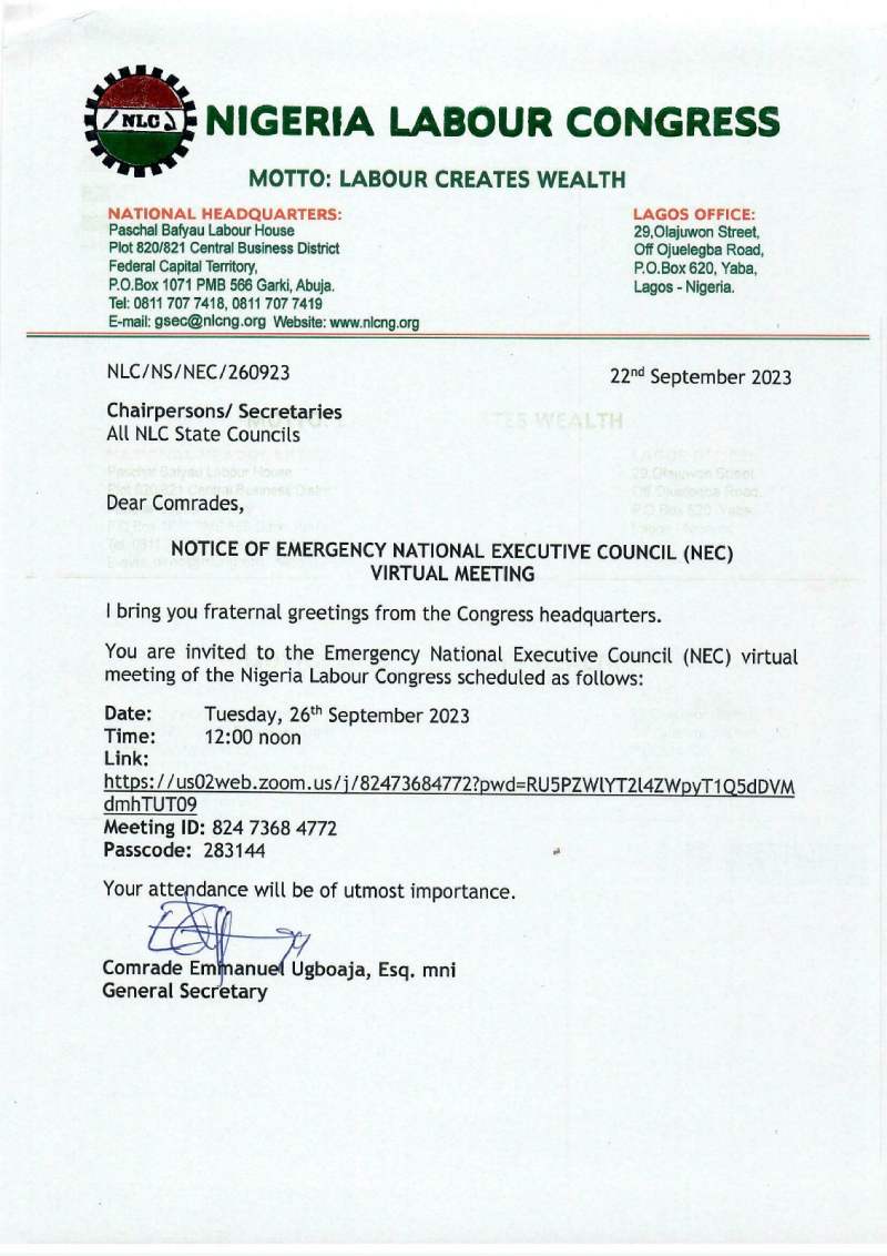 NLC official letter body