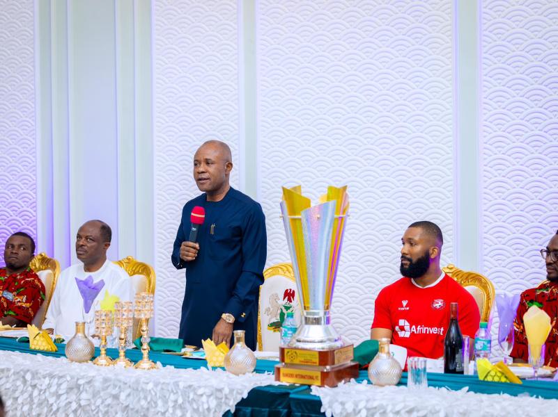 Governor Peter Mbah addressing the victorious Rangers International Football Club.