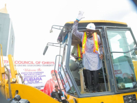 Governor Simi Fubara of Rivers State inside a Catapillar during the flag-off.