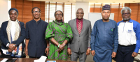 L-R:  Nafisa  Rugga, Head, Digital Media, Nigerian Communications Commission (NCC); Oscar Kalu, Director, Programmes and Organisation, National Civil Society Council of Nigeria (NCSCN); Nnena Ukoha, Head, Corporate Communications, NCC; Reuben Muoka, Director, Public Affairs, NCC; Amb. Blessing Akinlosotu, Executive Director, NCSCN and Dr. Omoniyi Ibietan, Head, Media Relations, NCC, during a courtesy visit by the NCSCN to the Commission to seek areas of collaboration in Abuja recently.