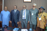  *  L-R: Ambassador of the Republic of Equatorial Guinea to Nigeria, Mr. Francisco Edu Ngua Mangue; Minister of Planning and Economic Diversification of the Republic of Equatorial Guinea, Mr. Gabriel Mbega Obiang Lima; Executive Secretary, Nigerian Content Development and Monitoring Board (NCDMB), Engr. Simbi Kesiye Wabote; Director, Monitoring and Evaluation, NCDMB, Mr. Akintunde Adelana and Director Capacity Building, NCDMB, Dr. Amah Ikuru, after the meeting between the Minister and the Executive Secretary at the Board’s liaison office in Abuja on Wednesday. 