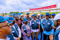 Project Manager of the Ajaokuta-Kaduna-Kano (AKK) Gas Pipeline Project, Engr. Japhet Charima explains a section of the project to the GCEO NNPC Limited, Mr. Mele Kyari; Minister of Finance & Coordinating Minister of the Economy, Mr. Wale Edun and the Deputy Governor of Kaduna State, Dr. Hadiza S. Balarabe during an inspection visit to the Kaduna River Crossing at the AKK Project site in Kaduna.