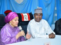 Mrs Amina Mohammed, Deputy Secretary General of the United Nations (left) and Brig.-Gen. Mohammed Buba Marwa (Retd), Chairman/Chief Executive Officer of NDLEA (right), at the Agency’s headquarters in Abuja.