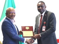 *  EFCC Chairman, Barrister Ola OLUKOYEDE (right) welcoming Mr Abimbola Ayo Yusuf, Chief Commissioner, Public Complaint Commissioner to his office during a visit by the PCC delegation.